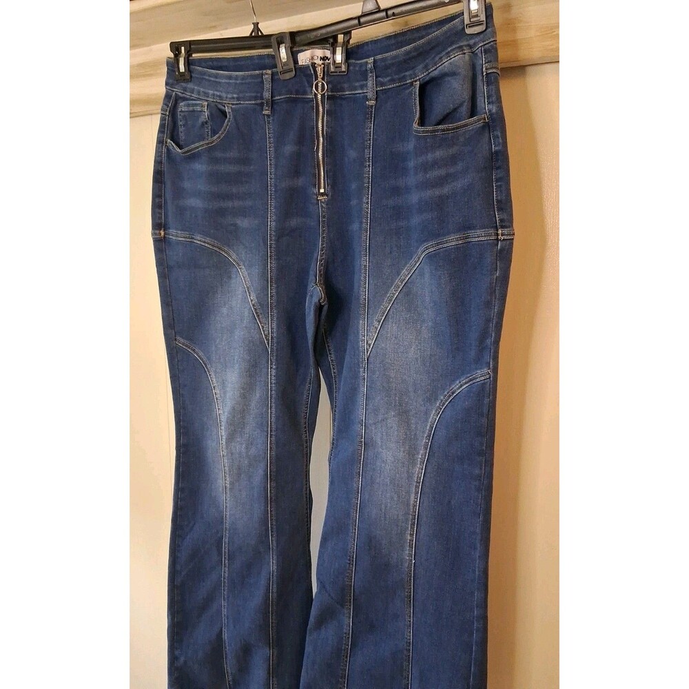 Fashion Nova Moto Flare Jeans 22 Blue Denim Stretch Festival Hippie NEW Zip Fly - Picture 6 of 8